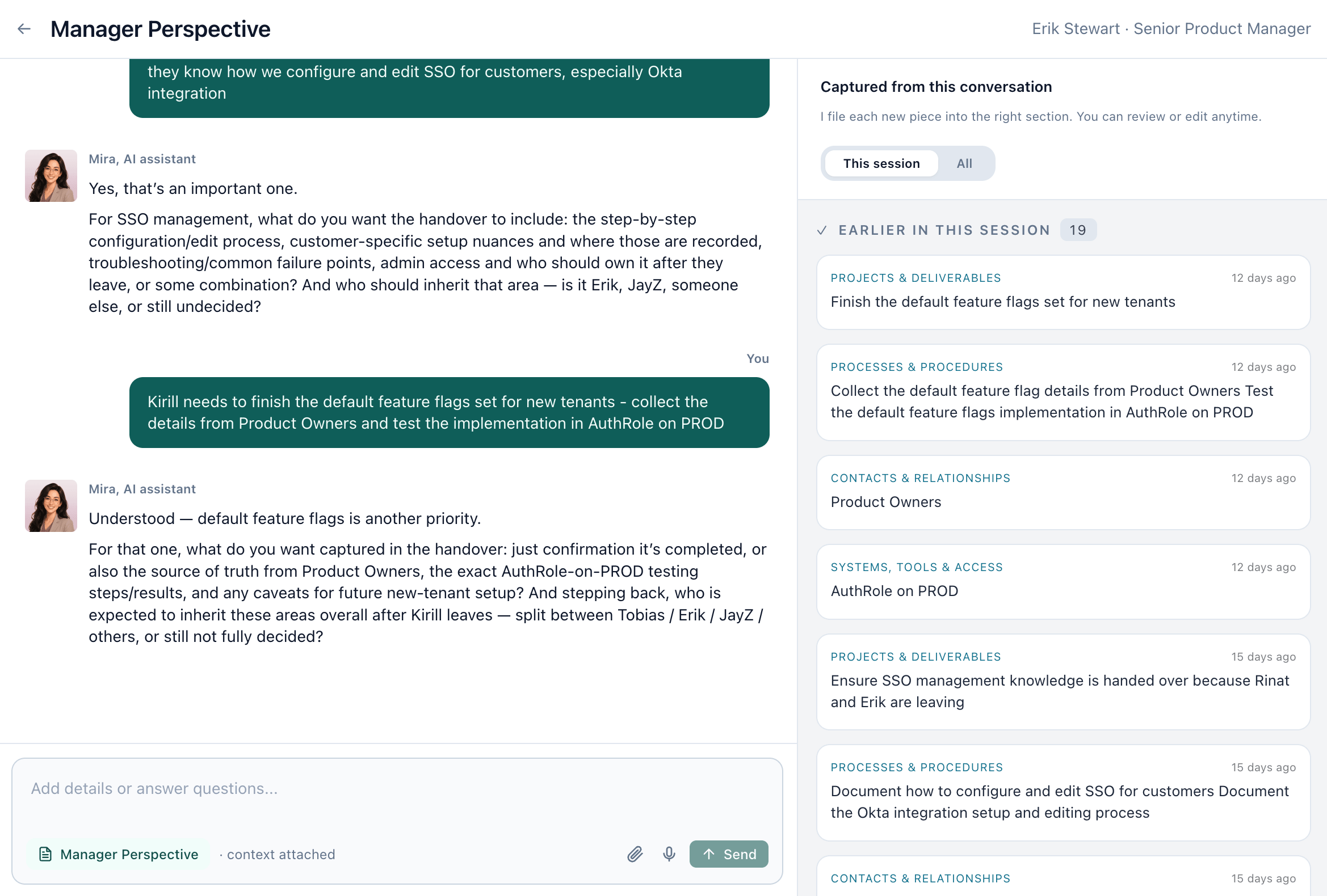 Knowledge extraction screen with guided prompts and captured answers.